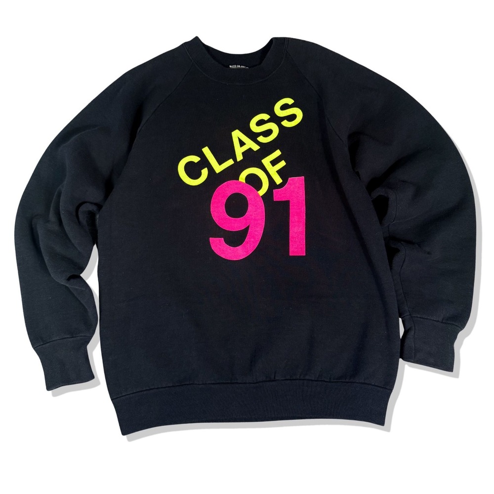Vintage 90s Neon Pink Black Crew Sweatshirt L Class of 91‎ Graphic USA Pop Art